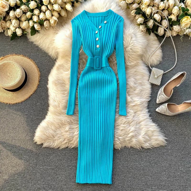 YuooMuo2024 Autumn Winter Women's Dress Knitted Ribbed Stylish V-neck Bottoni Dress sweater with belt Lady Office Dress