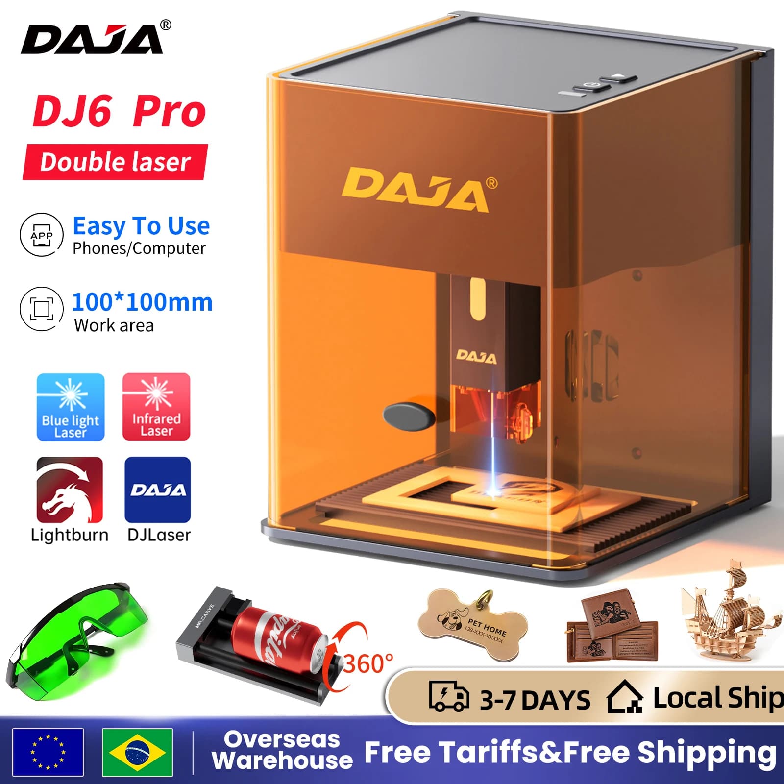 DAJA DJ6 Pro Laser Engraver Portable Safety Cover Cut Business Engraving Machine for Metal Stainless steel Jewelry Wood Acrylic
