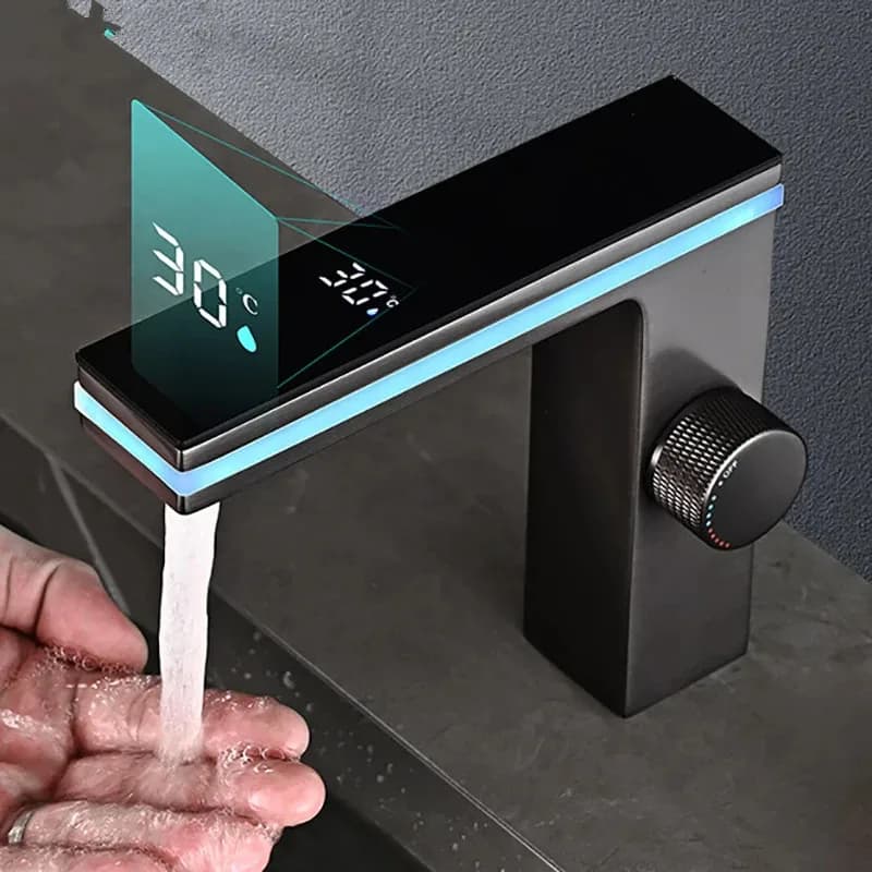 Bathroom sink faucet with digital display LED smart brass mounted on crane surface for washbasin mixer cold water basin faucet