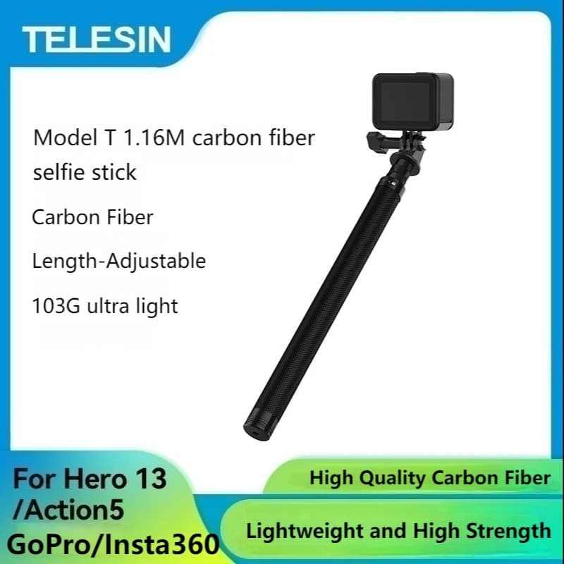 TELESIN Monopiede Estensibile in Fibra di Carbonio da 116 cm con Vite da 1/4 per GoPro Hero, Insta360, Osmo Action Camera