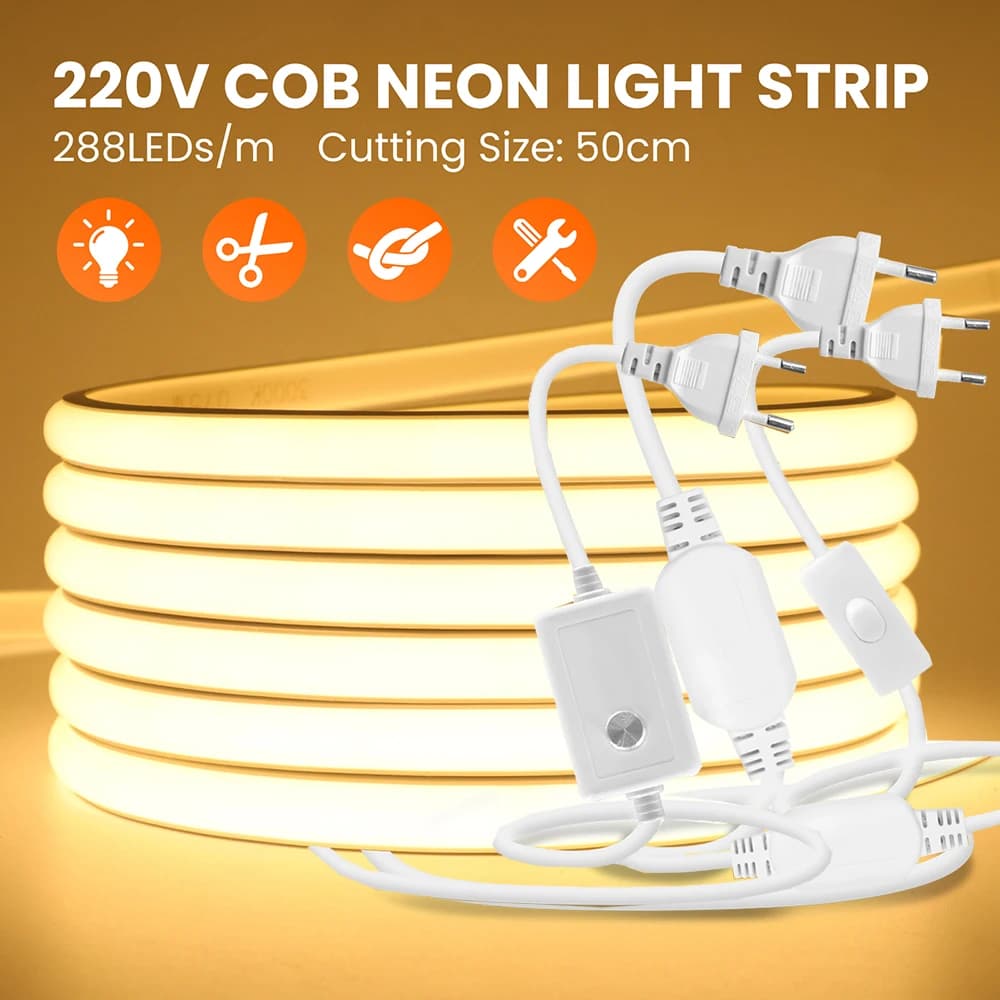 Striscia LED COB Dimmerabile 220V, Impermeabile, Kit Alimentazione EU, Lampada Flessibile 288LED, Bianco Naturale Caldo, Decorazione Casa 0.5m 5m