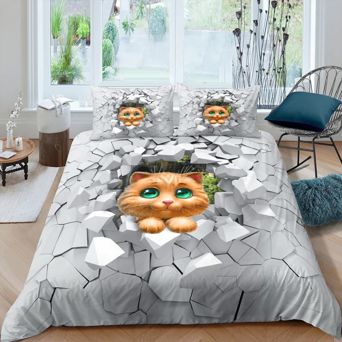 Simpatico set di biancheria da letto per bambini con piccolo panda gatto cervo, dimensioni singole, set copripiumino, doppio, completo, copripiumino per camera da letto con federe