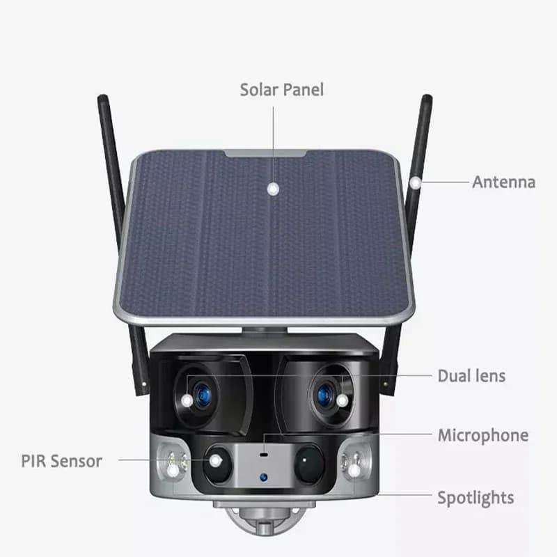 Telecamera di Sicurezza Solare WiFi 4G con Doppia Lente 8MP 4K, Pannello Solare a Basso Consumo, Angolo di Visione 180 Gradi, Scheda SIM 4G