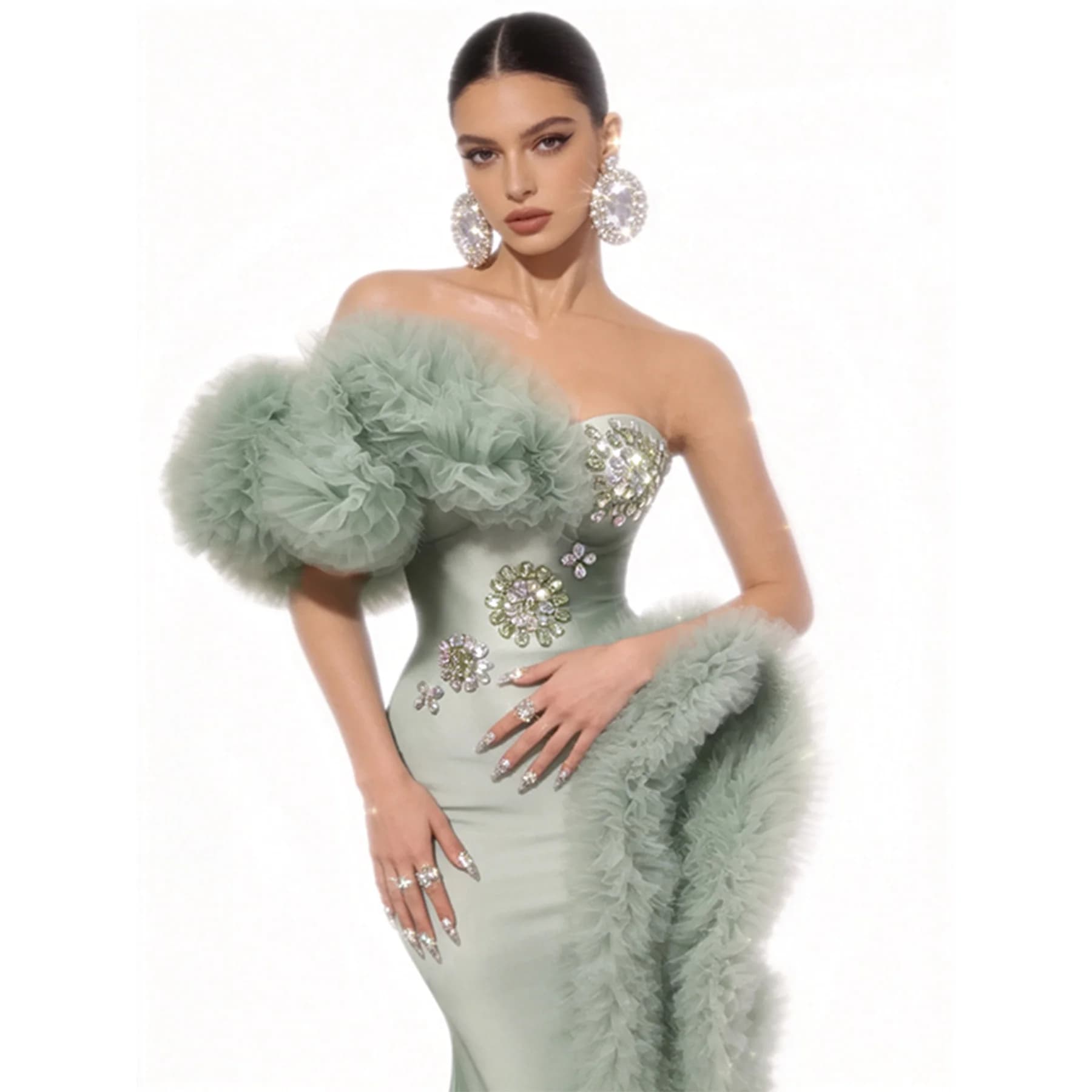 Migua One Shoulder Puffy Tulle Mermaid Gown Mint Green Satin With Floral Rhinestone Embellishments