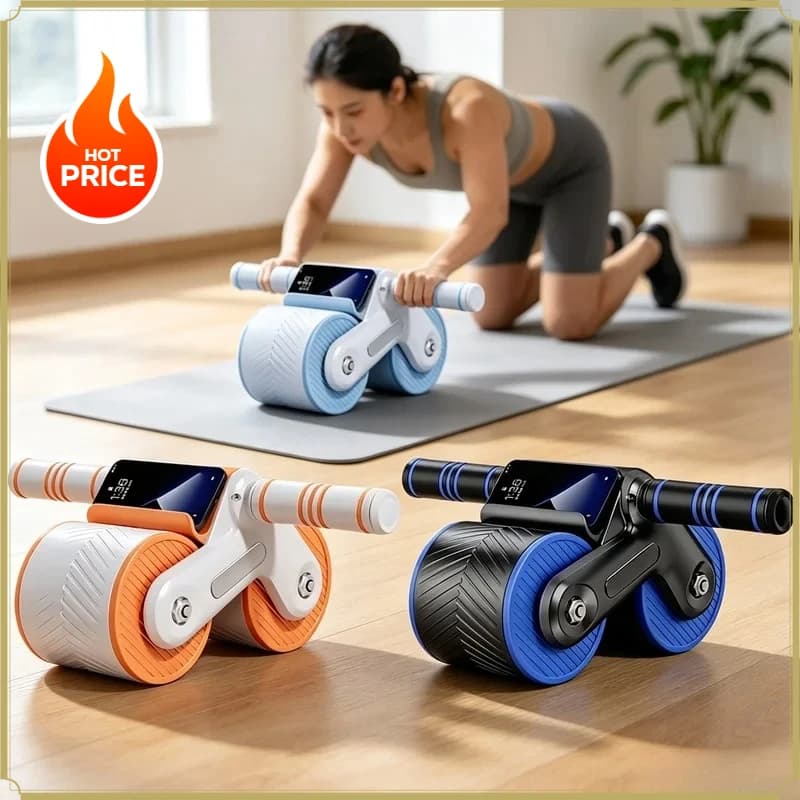 Auto Rebound Double Wheel Ab Roller With Phone Holder Non‑Slip Abdominal Exercise Roller Core Workout Equipment For Fit Beginner