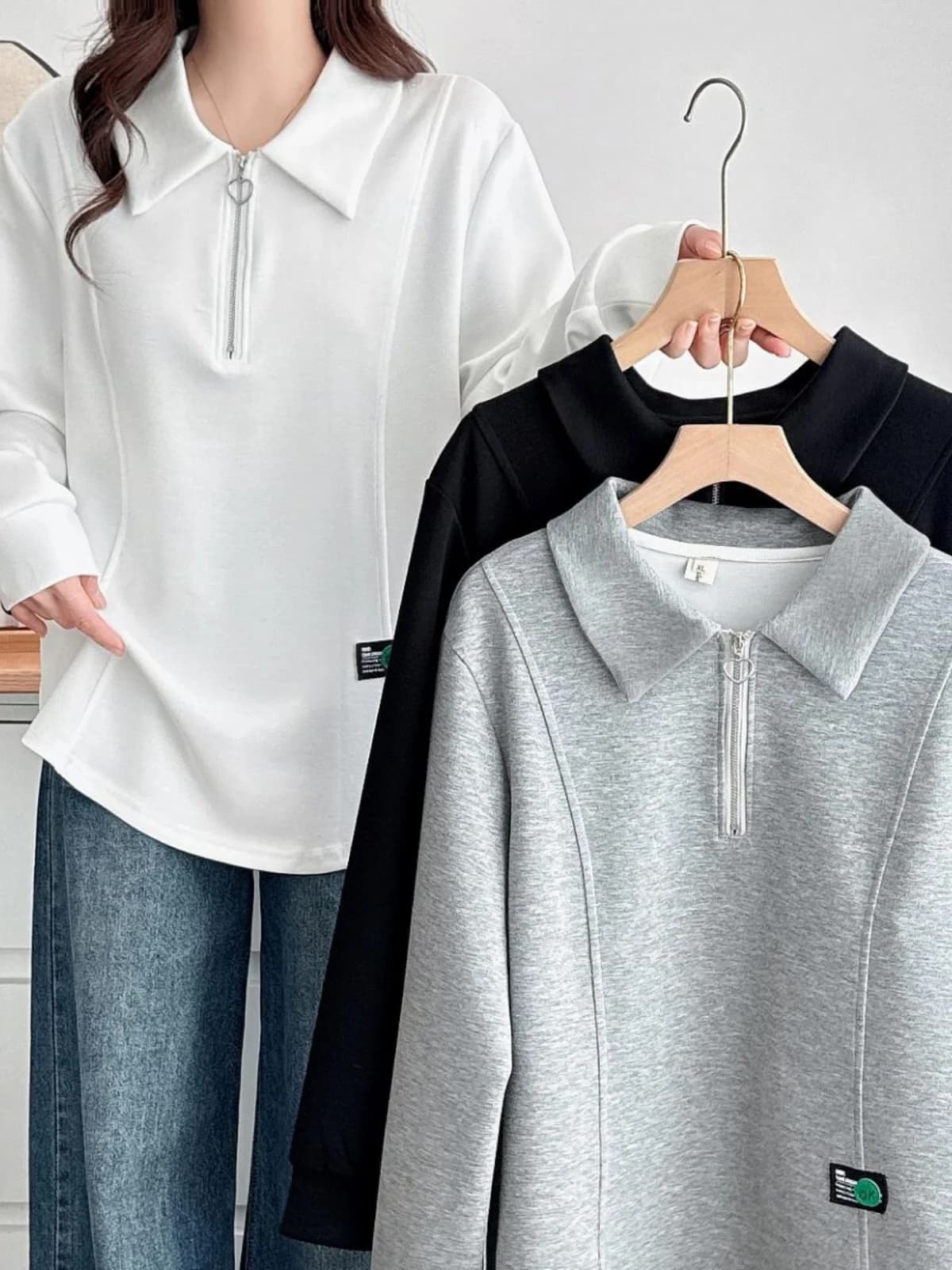 plus Size Fashionable Base Shirt Women's Zipper Neck Label Hoodie Korean Style Long Sleeve Cotton Commute Wind