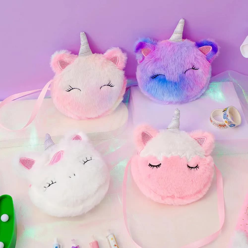Borsa a Tracolla in Peluche per Bambini, Portafoglio con Unicorno Cartoonesco, Borsetta per Bambine, Accessori per Neonati
