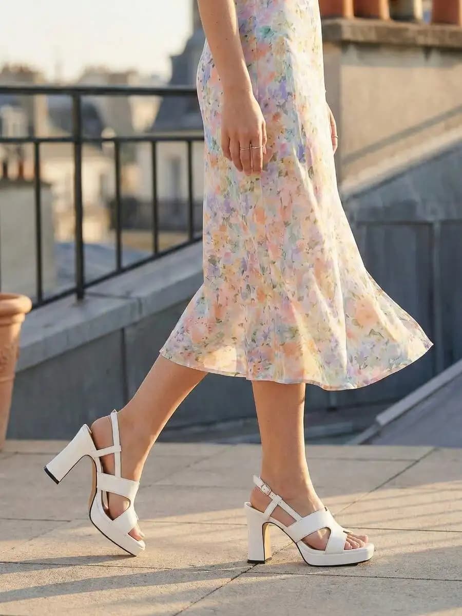 White Chunky Platform Slingback Heels Women Patent Leather Sandals For Party Dress