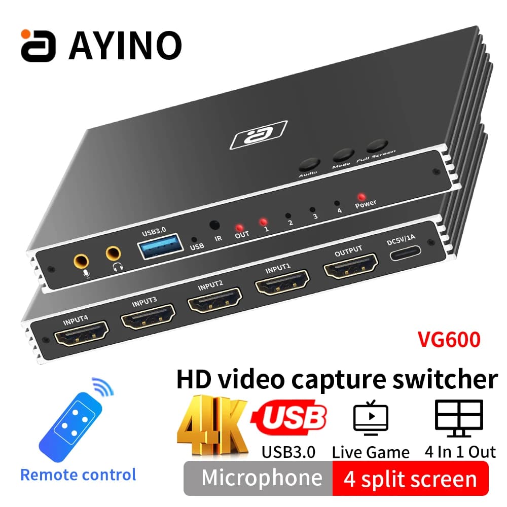 AYINO VG600 HDMI2.0 Scheda di acquisizione video USB3.0 4 in 1 uscita Switcher Separatore audio Microfono Registratore Gioco per PC con telecomando