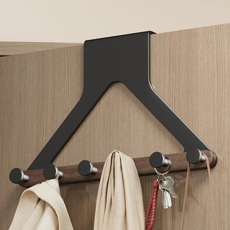 Hanging hooks above walnut wooden door, wall coat hangers without drilling, sturdy home organizer seamless, for clothes, hats and towels