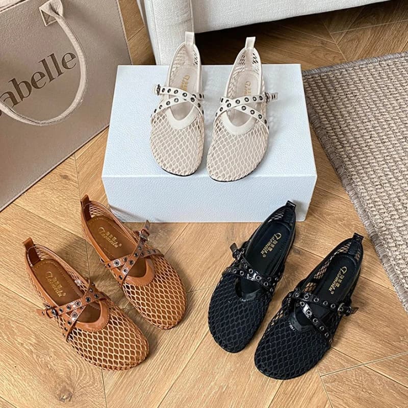 Scarpe basse in jeans Mary in rete scavata Scarpe da donna estive traspiranti con cinturino con fibbia incrociata Scarpe da balletto eleganti da donna con punta tonda