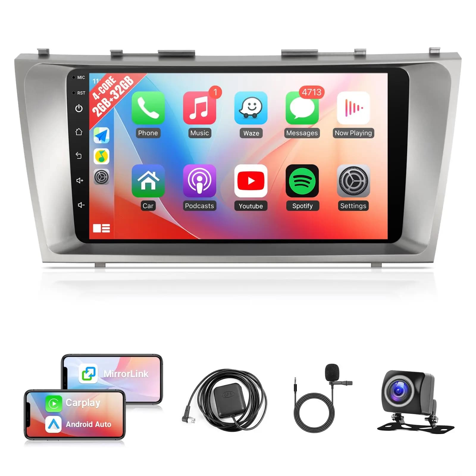 Schermo Touch da 9'' per Toyota Camry con GPS, Bluetooth, WiFi, Telecamera Posteriore, FM, Mirrorlink, Schermo Diviso, SWC (Compatibile con J.B.L)