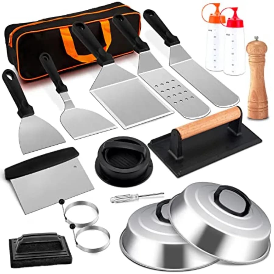Kit di Accessori per Piastra Joyfair 18 Pezzi, Accessori per Griglia Piatta Blackstone, Set di Utensili in Acciaio Inox per Piastra Hibachi con S