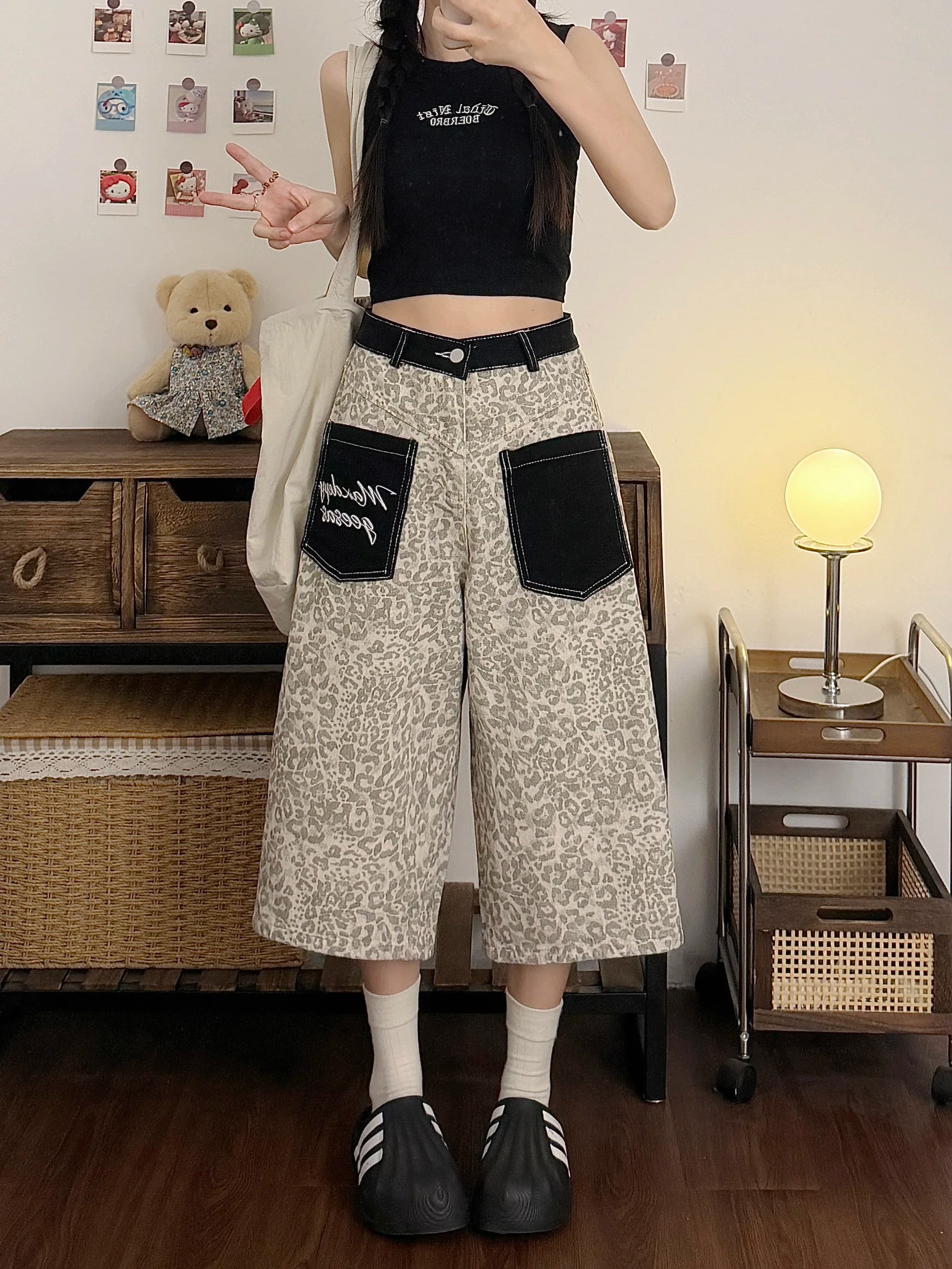 Retro American Hot Girl Leopard Print Design Seven-Five Denim Pants Women Summer Large Size Casual Mid-Length Wide Leg Jeans