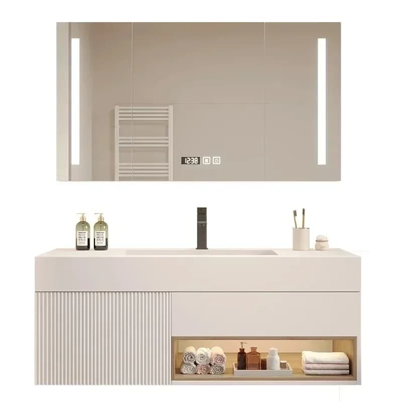 Mobile da bagno moderno combinato con piastra in roccia, mobiletto da bagno integrato, lavabo, armadietto a specchio con luce intelligente, mobili di lusso Nuovo