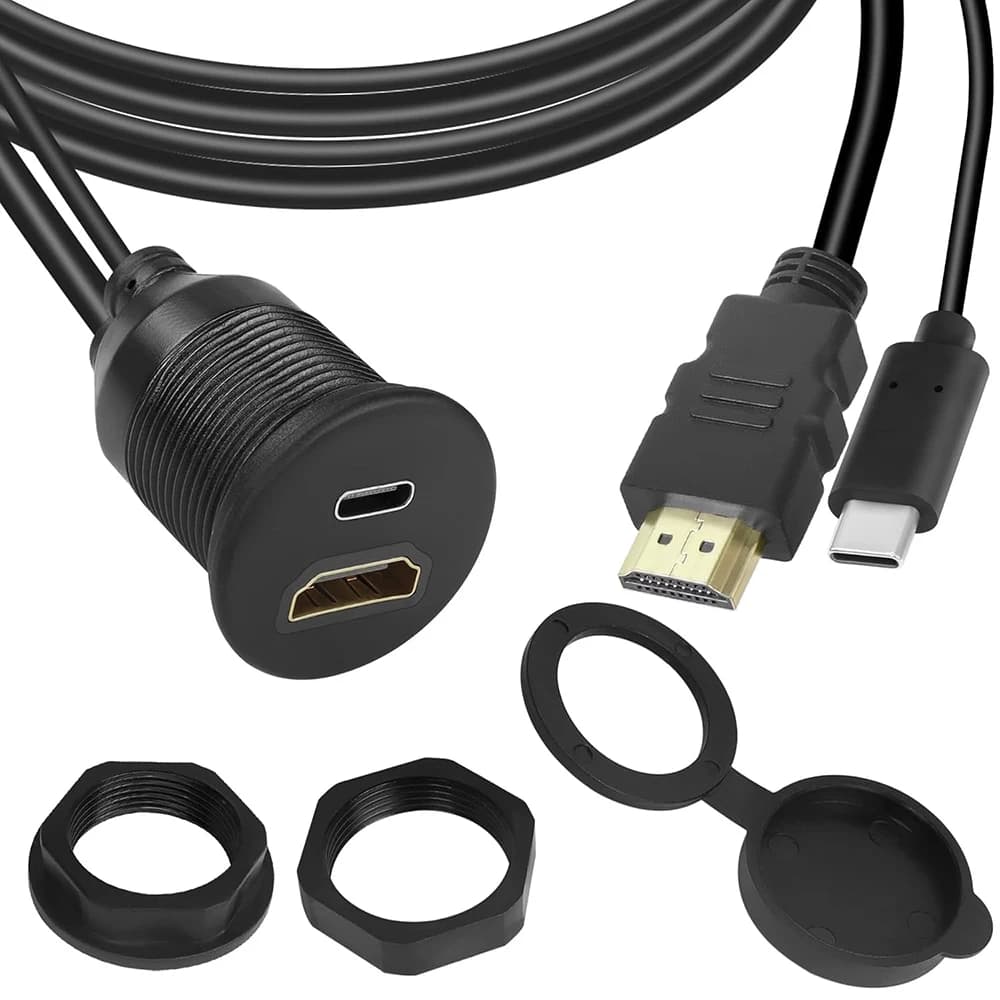 4K USB C 2.0/3.0 and HDMI data and video extension cable for dashboard with threaded mounting for car boat Waterproof cable 1M