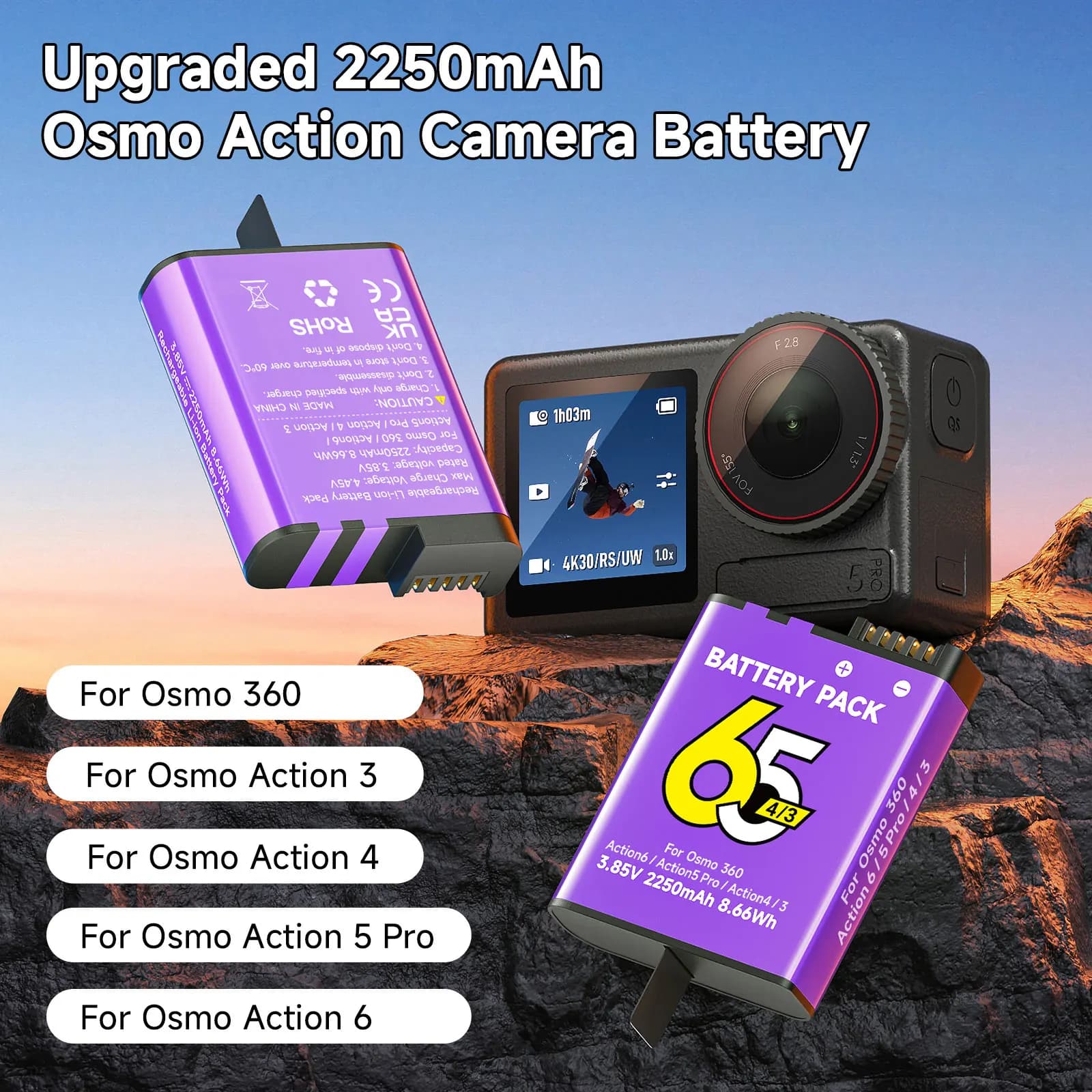 2250mAh battery and 2 slot charger for DJI Osmo Action 6, Action 5 Pro, Action 4/3, accessories for DJI Osmo Action 5 Pro and Osmo 360