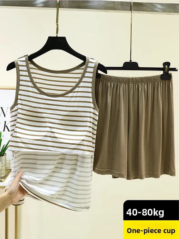 Women's Modal Vest Shorts Set with Chest Pad Loose Striped Home Sleepwear Comfortable Breathable Summer Cooling Base Layer