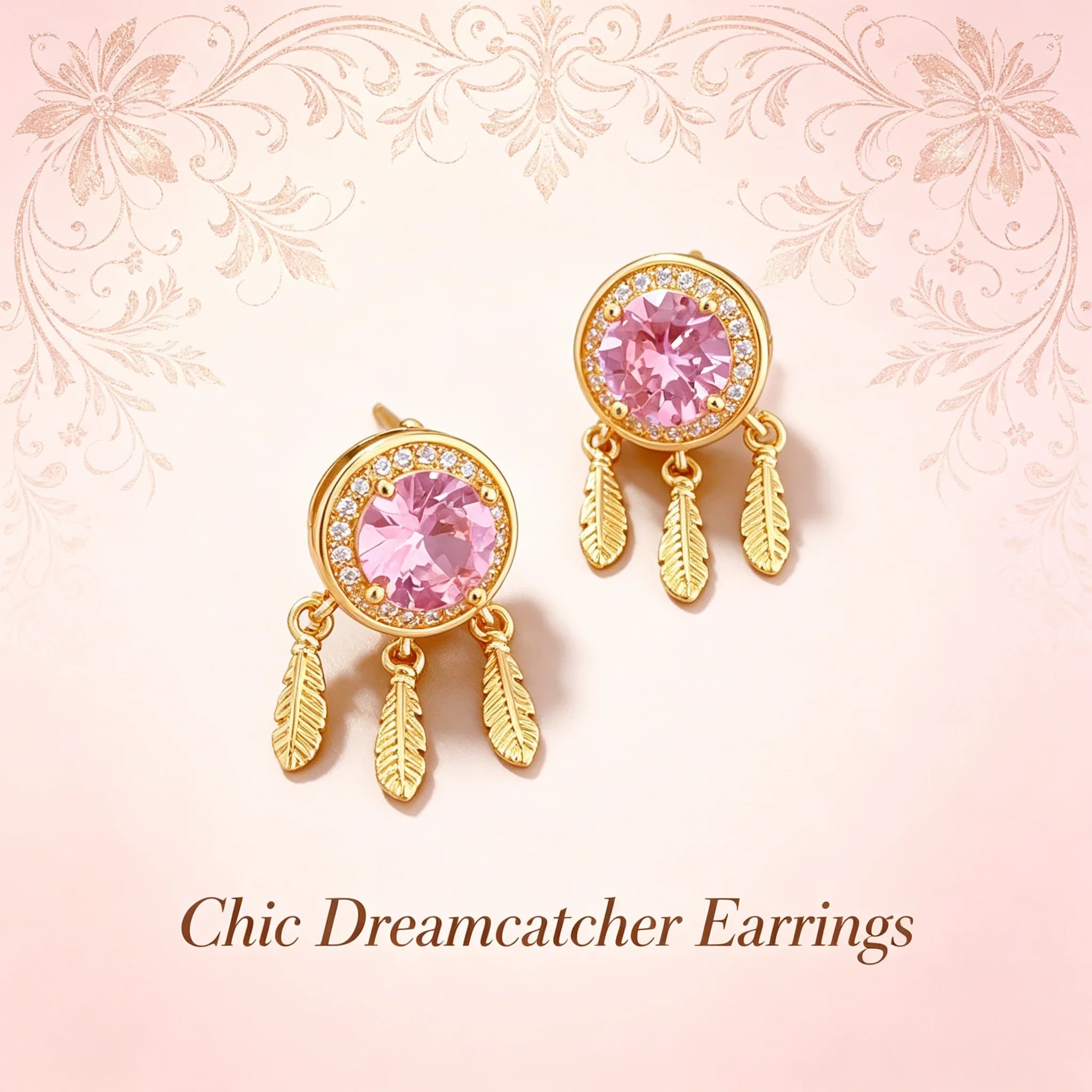Golden Tone Chic Dreamcatcher Earrings, Pink & Clear Polished Accents Elegant Whimsical Jewelry Gift for Women Girls