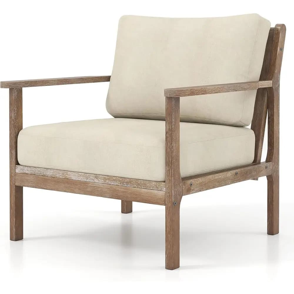 Vintage Reading Armchair Comfortable with Wood Arms, Solid Wood Wood Structure, Bearing and Headrest Removable for Living Room, Bedroom
