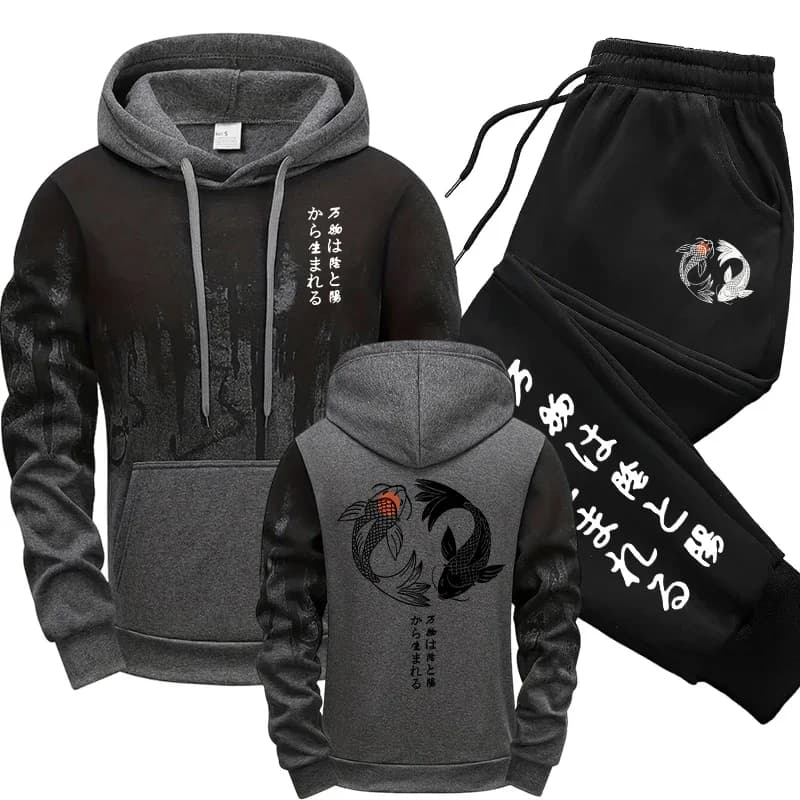 Japanese Pattern Hoodie and Sweatpants Tracksuit for Men Fall Winter Casual Sport Harajuku Style Sweatshirt Sportswear Men's Set
