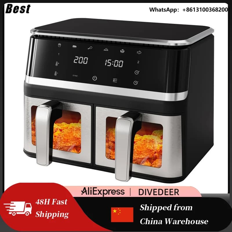 Miglior Friggitrice ad Aria DIVEDEER 2000W in Acciaio Inox 10L con Schermo Touch, Modello Intelligente Multifunzionale a Doppia Vasca per Uso Domestico
