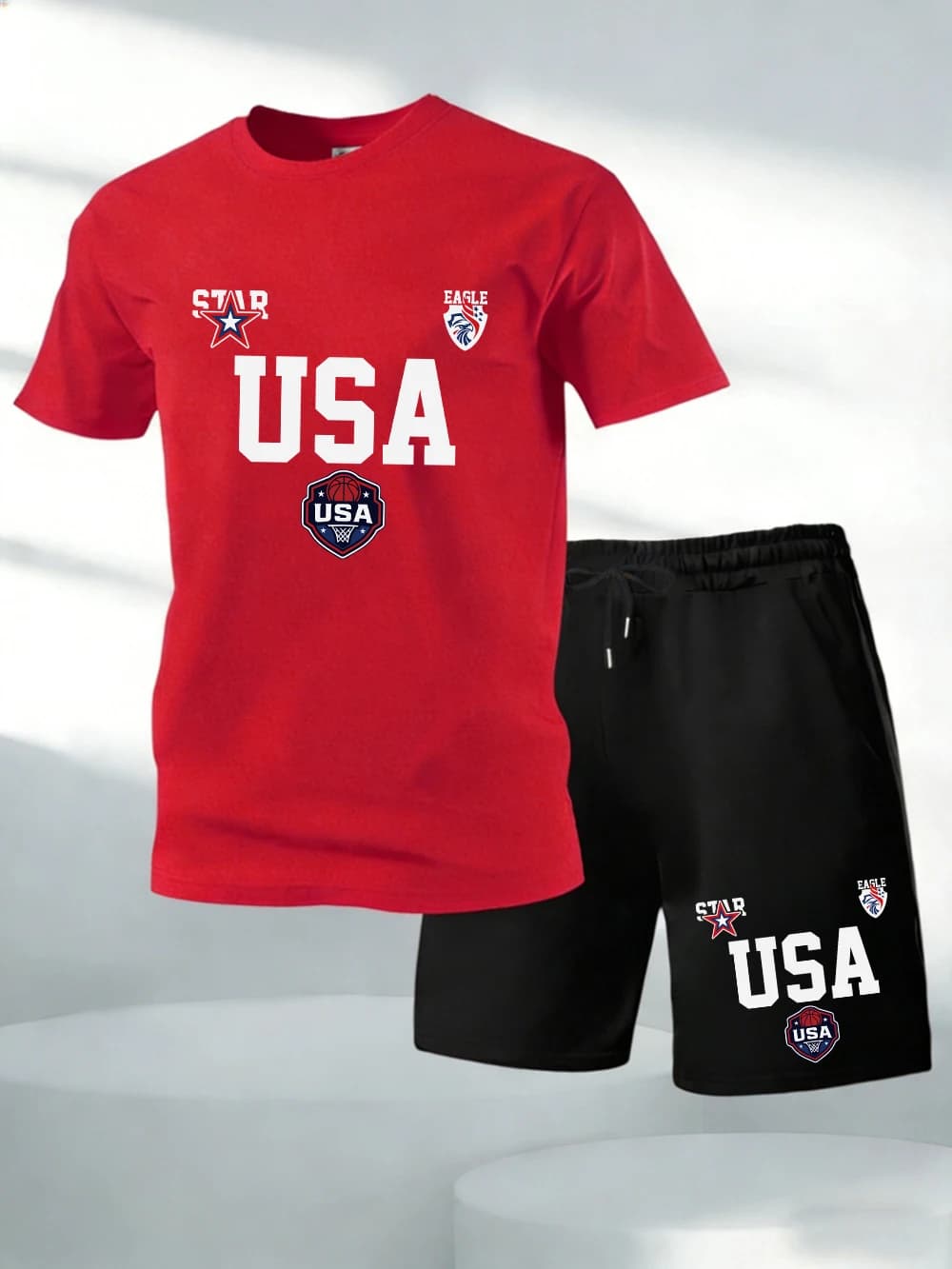 Set Two Pieces with Print USA Stars, Cotton T-shirts and High Life Shorts with Pockets, Oversize and Soft