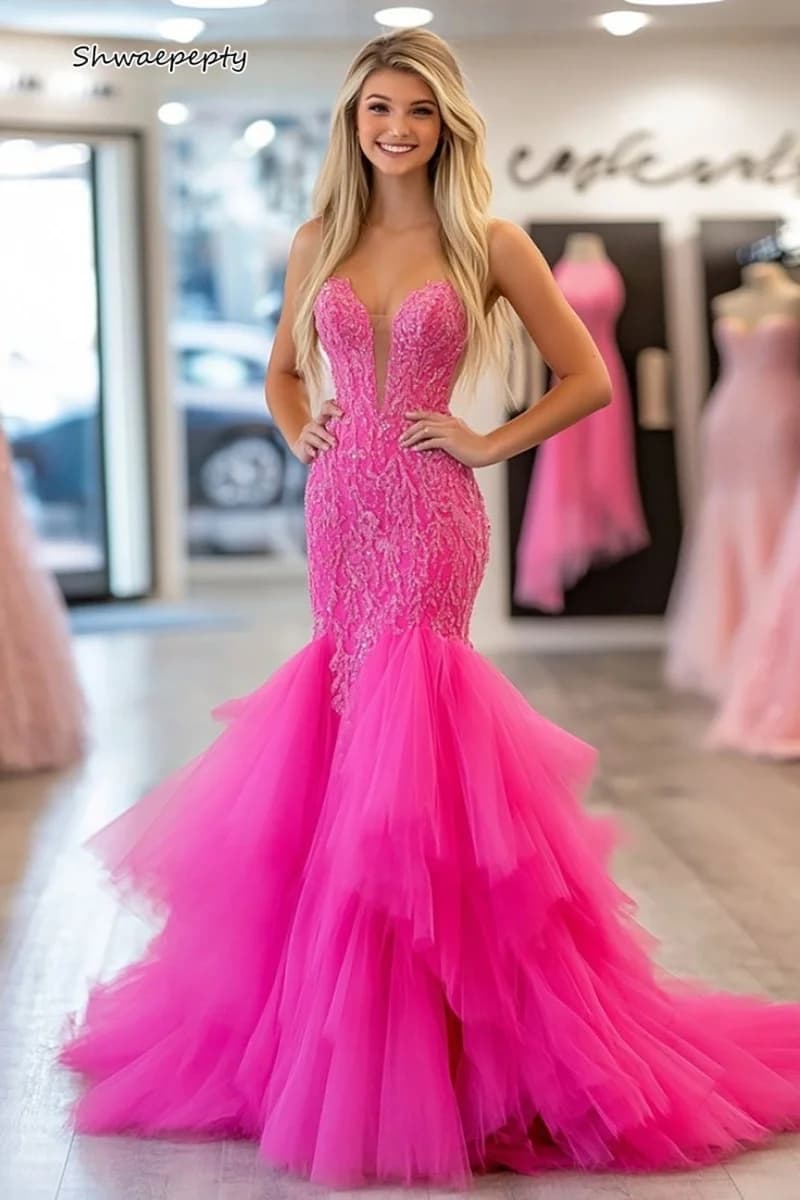 Abiti da ballo a sirena fucsia rosa caldo con volant abito da sera lungo in pizzo senza spalline abito personalizzato per occasioni speciali di compleanno