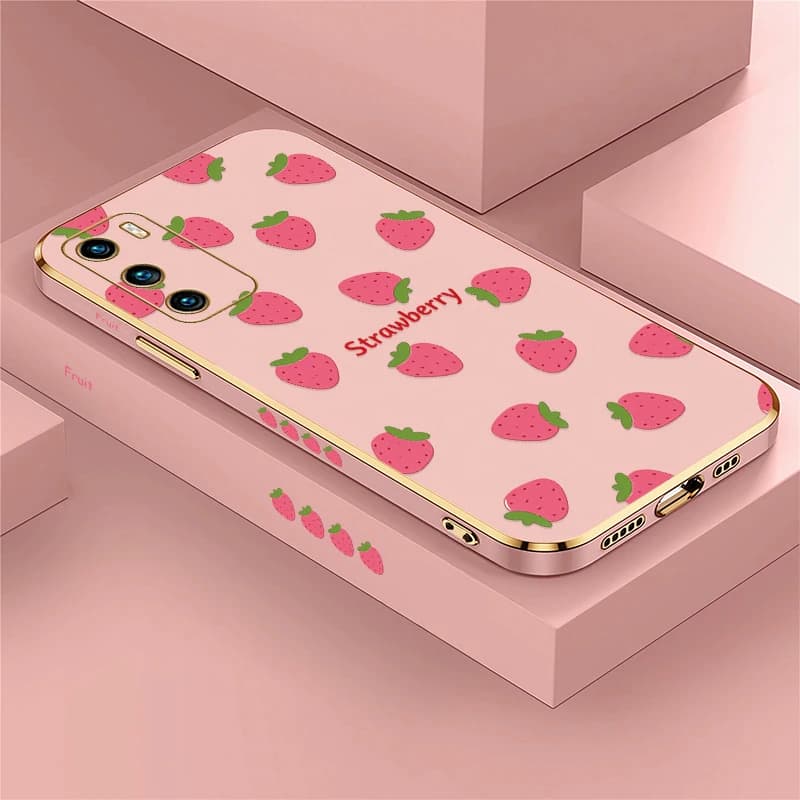 Cover in Silicone Morbido Antiurto con Placcatura e Motivo Fragola per Huawei P30 P20 Pro P40 Lite P Smart 2021 Z Plus Pro 2019