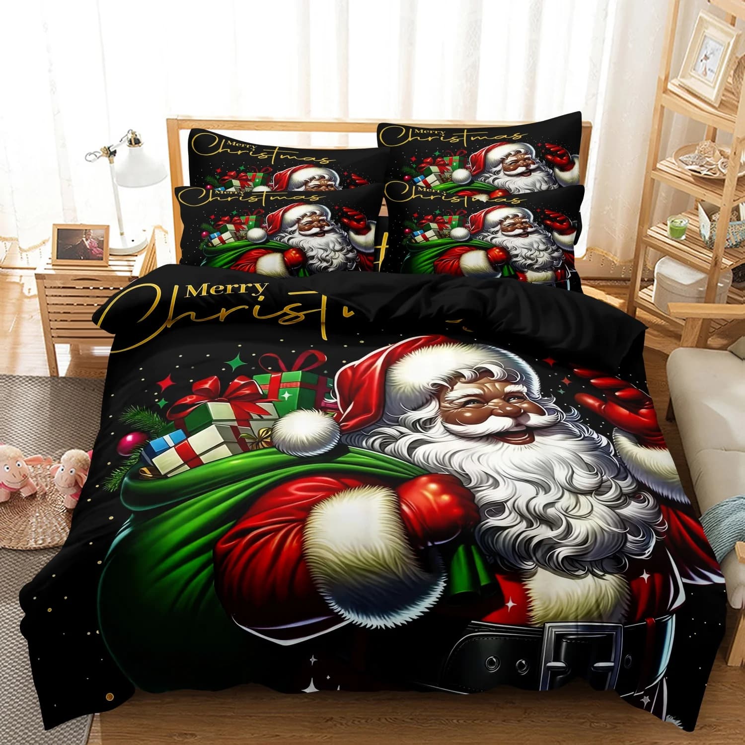 3Pcs Modern Black Santa Christmas Duvet Cover Set, Santa Oversized Gift Sack Colorful Presents Golden Merry Christmas Bedding