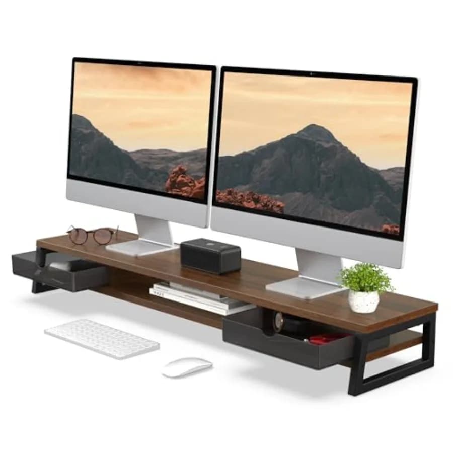 Supporto per Doppio Monitor con Cassetto, Rialzo da Scrivania in Legno da 42,5 Pollici per 2 Monitor, Mensola per Computer a 2 Livelli in Marrone, Salvaspazio per Scrivania