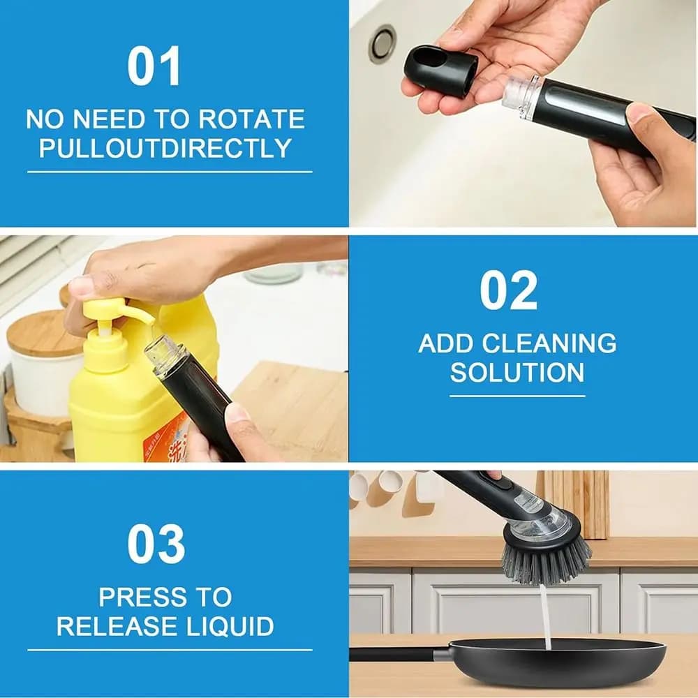 1 pz con manico spazzola per pentole dispenser di sapone antiscivolo spazzola per lavare la spazzola pratica incorporata per pentole domestiche lavello