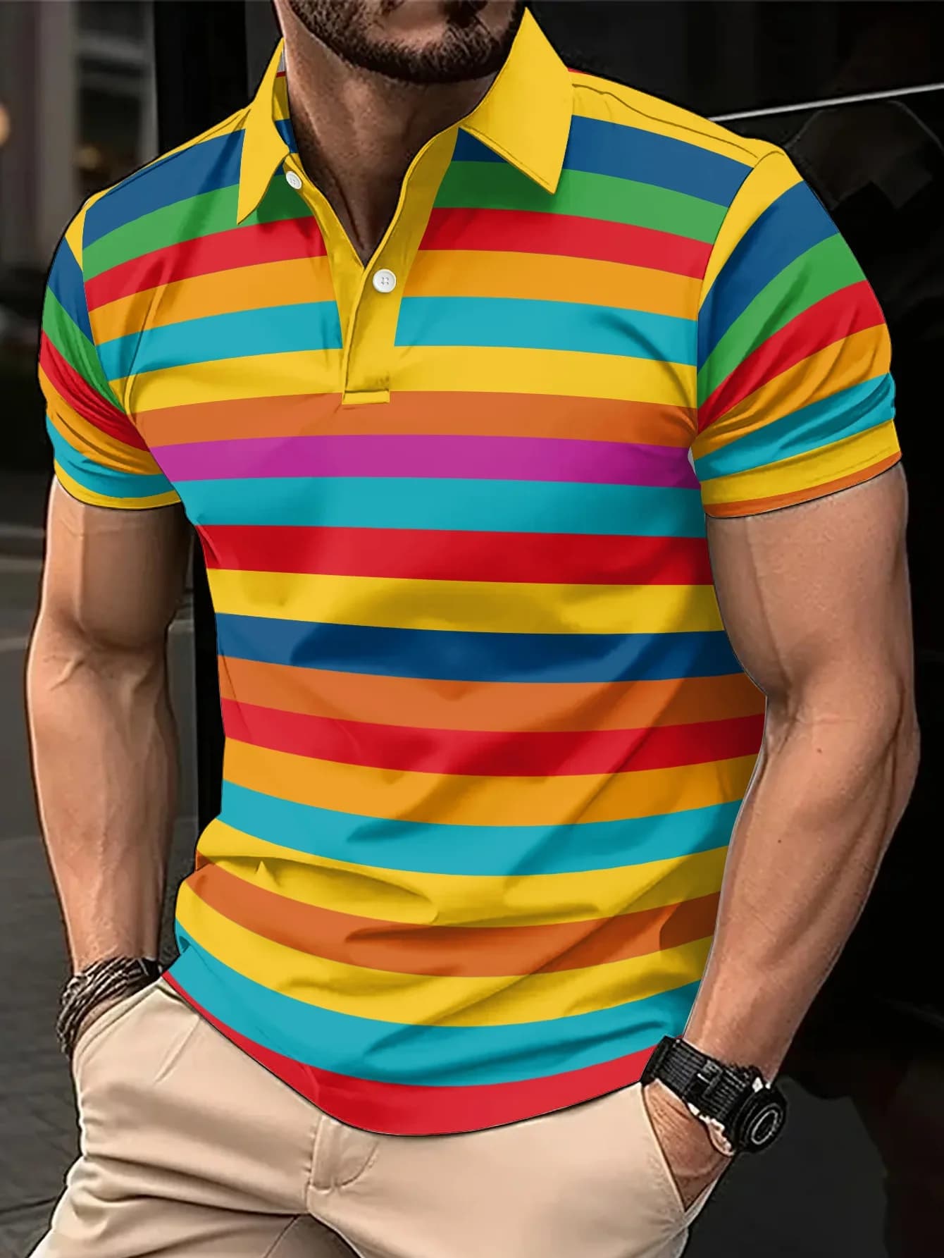 Camicia da Golf Casual da Uomo con Stampa Digitale 3D - Design a Righe Contrastanti, Tessuto Traspirante, Lavabile in Lavatrice, Stile con Bottoni Classico
