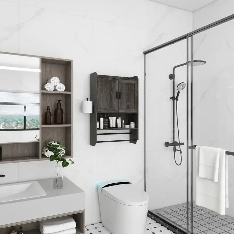 Mobiletto da bagno sopra il WC con ante, ripiano regolabile, portasciugamani e portarotolo, finitura grigia