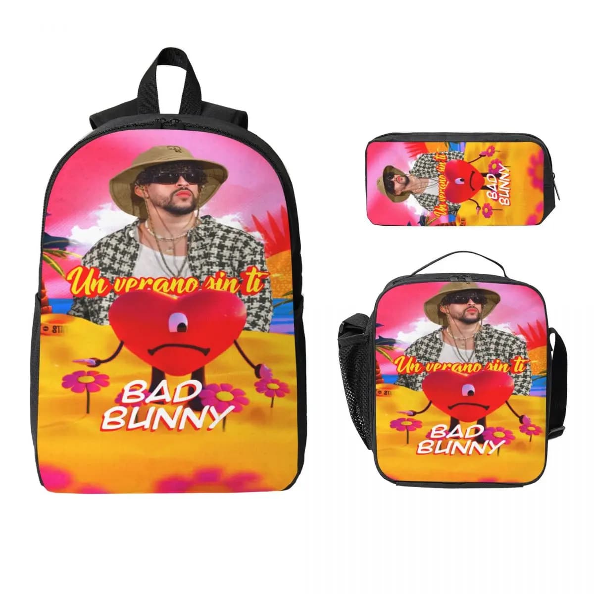 3Pcs Backpack Set for Girls Boys bad bunny Pencil Boxes Bookbag Sets with Lunch Box For School Students Daypack