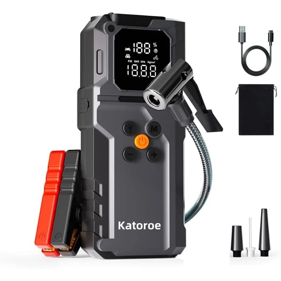 Avviatore portatile per batteria per auto da 12 V con corrente di picco da 5000 A e compressore d'aria da 150 PSI per motori diesel da 9,0 litri e 7,0 litri