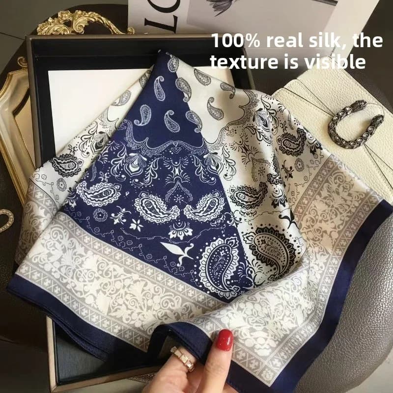 100% Silk Elegant Paisley Print Square Scarf 65x65cm Soft Satin Neckerchief for Women Multi-function Bag Decoration Accessories