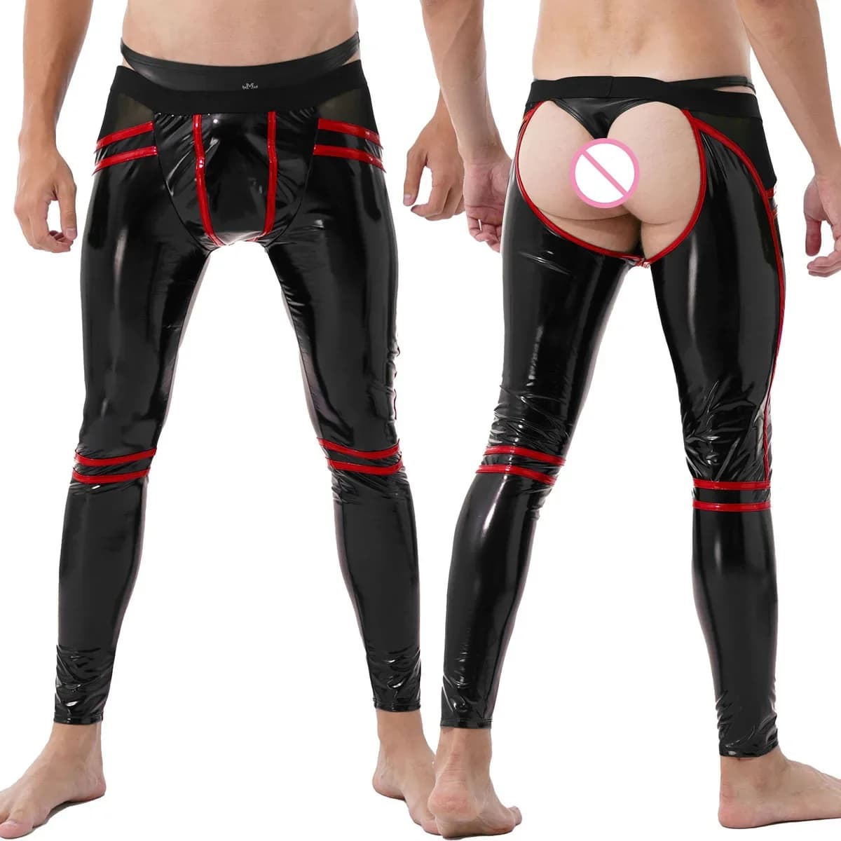 Cintura punk Wetlook da uomo Custodia convessa elastica Legging Pantaloni a matita con giunture lucide Pantaloni erotici sexy per anca nuda gay