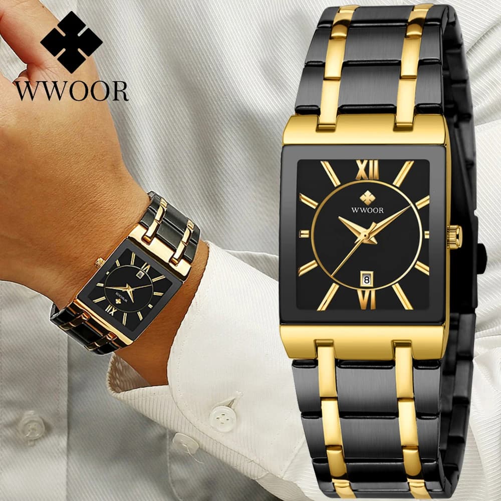 WWOOR Men's Watch with Brand Luxury Gold Strap Fashion Square Quartz Wrist Watch for Men Waterproof Stainless Steel Reloj Hombre