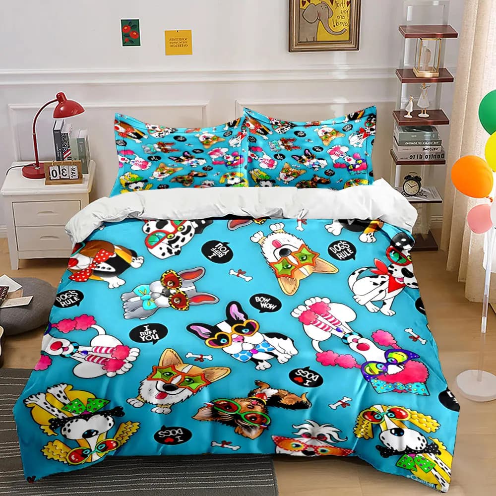 Cartoon dogs with playful outfits Print Bedding Set 1 Duvet Cover 2 Pillowcases for Adult and Children Luxury Gift Full Size