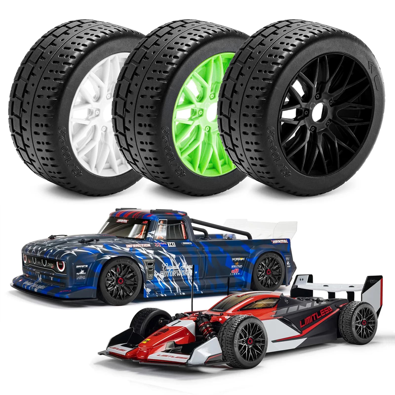Set di 4 Cerchioni e Pneumatici in Gomma da 102mm per Auto RC ARRMA 1/7 Inraction 6S/Limitless F1, Parti di Aggiornamento