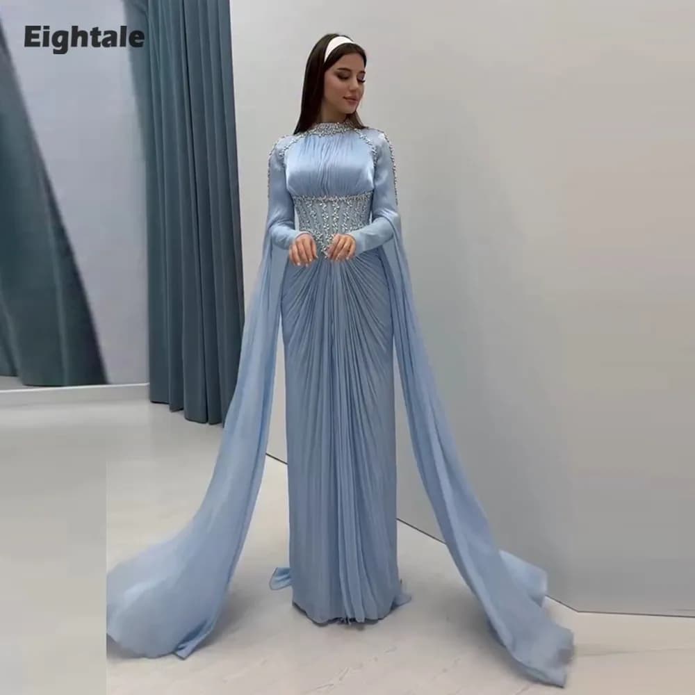 Eightale Abito da sera arabo Collo alto Crepe Personalizzato Musulmano Azzurro Perline Strass Abito da cerimonia nuziale da ballo