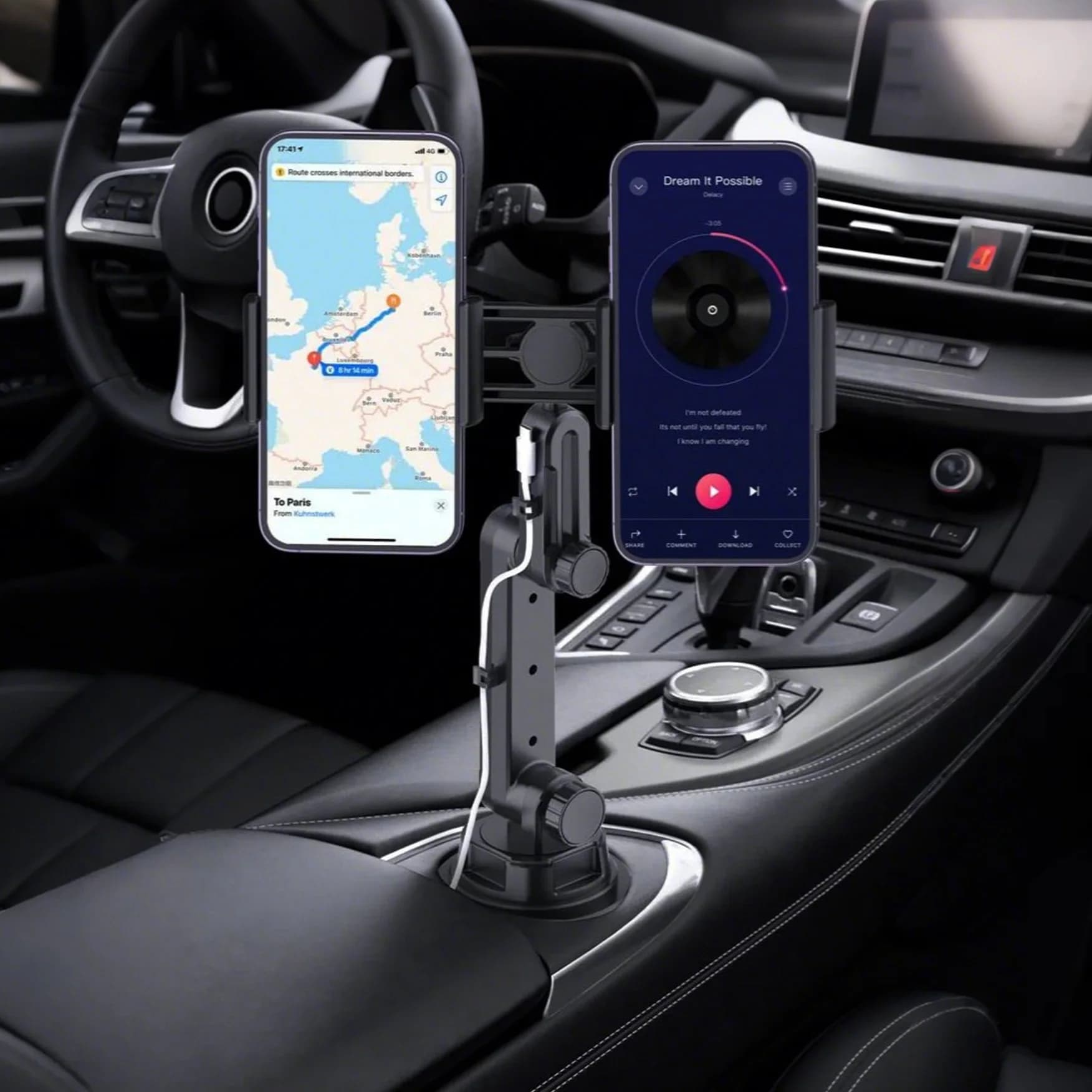 Supporto portabicchieri per auto doppio telefono 360 ° Regolabile per telefoni da 4,5-7" Supporto per doppio dispositivo con organizer per cavi Installazione semplice