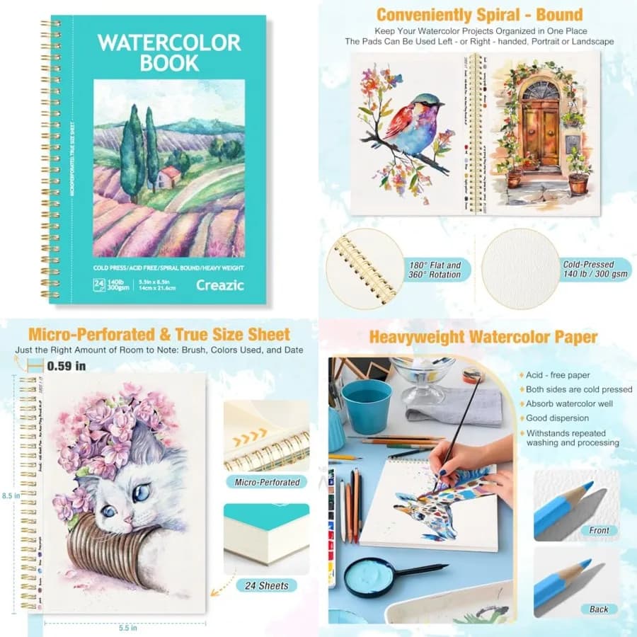 Watercolor Paper Pad, 8.5 24 Sheets, 140lb/300g,Spiral - Bound with Tear - Line. A Watercolor Journal and Sketchbook for Adults