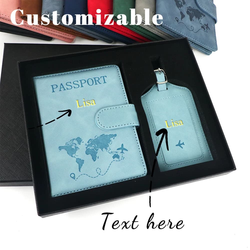 Set di etichette per bagagli e porta passaporto antimagnetiche personalizzabili, porta passaporto in pelle PU con chiusura magnetica, borsa per passaporto