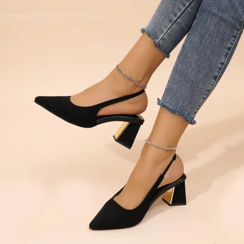 Women Slingback Pumps, Pointed Toe Block Heels, Black Suede Dress Shoes, Office Work Party Footwear, Plus Size
