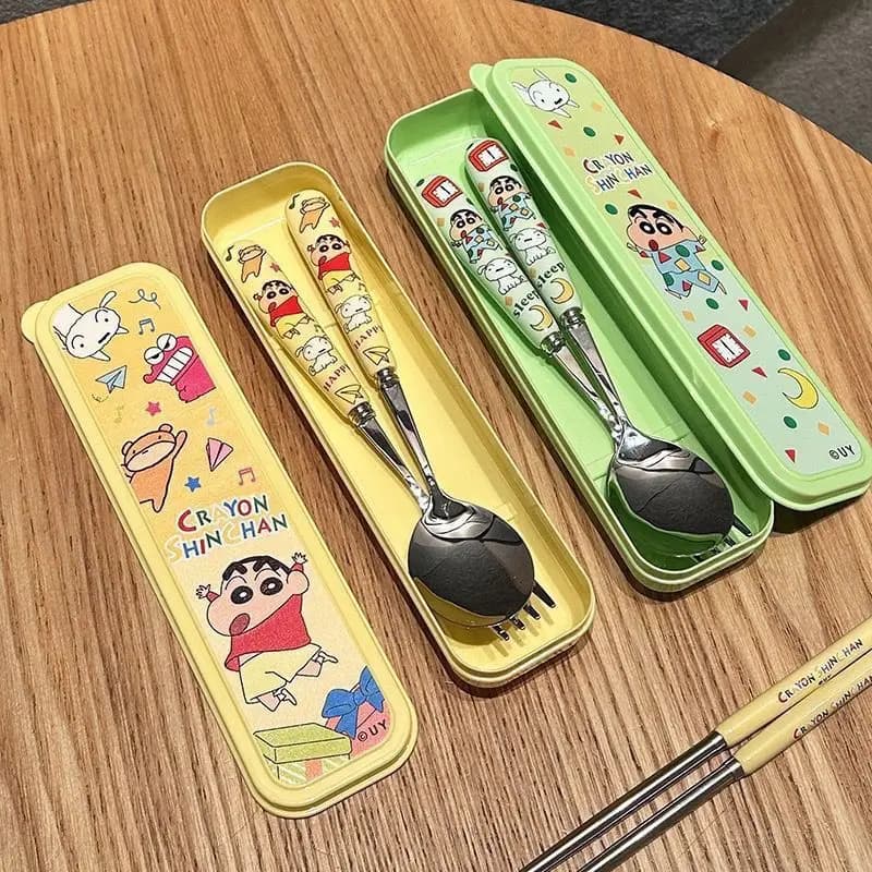 Kawaii Crayon Shin Chan Stainless Steel Spoon Fork Chopsticks Set Portable Tableware Kit For Student Dorm Household Daily Use
