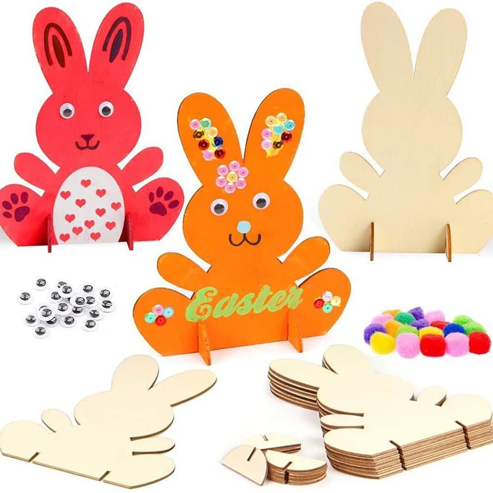 1 set di ritagli di coniglietti in legno non finiti, artigianato pasquale vuoto con accessori per penne, kit di pittura artigianale per bomboniere di Pasqua