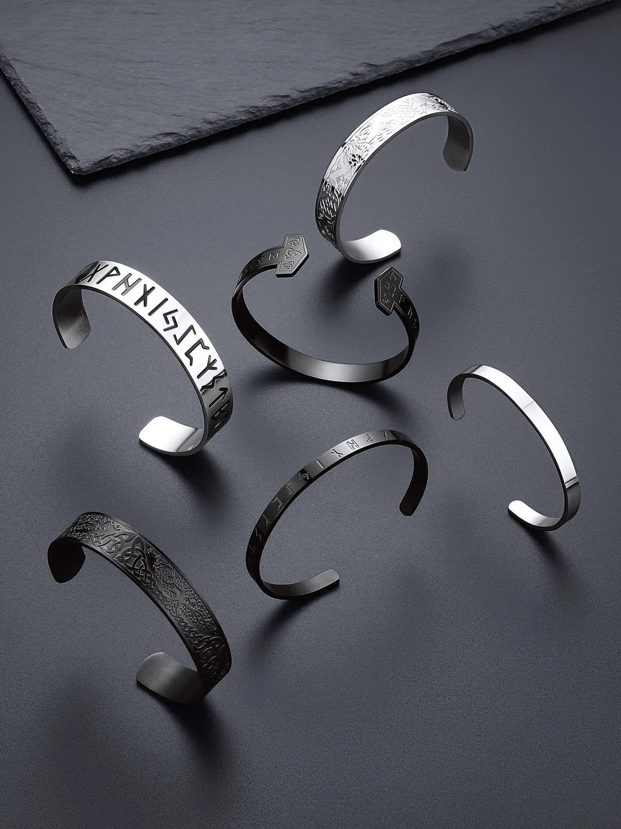 Bracciali aperti in acciaio inossidabile 316L ChainsPro per uomo e donna, con rune vichinghe incise, design unisex, idea regalo.
