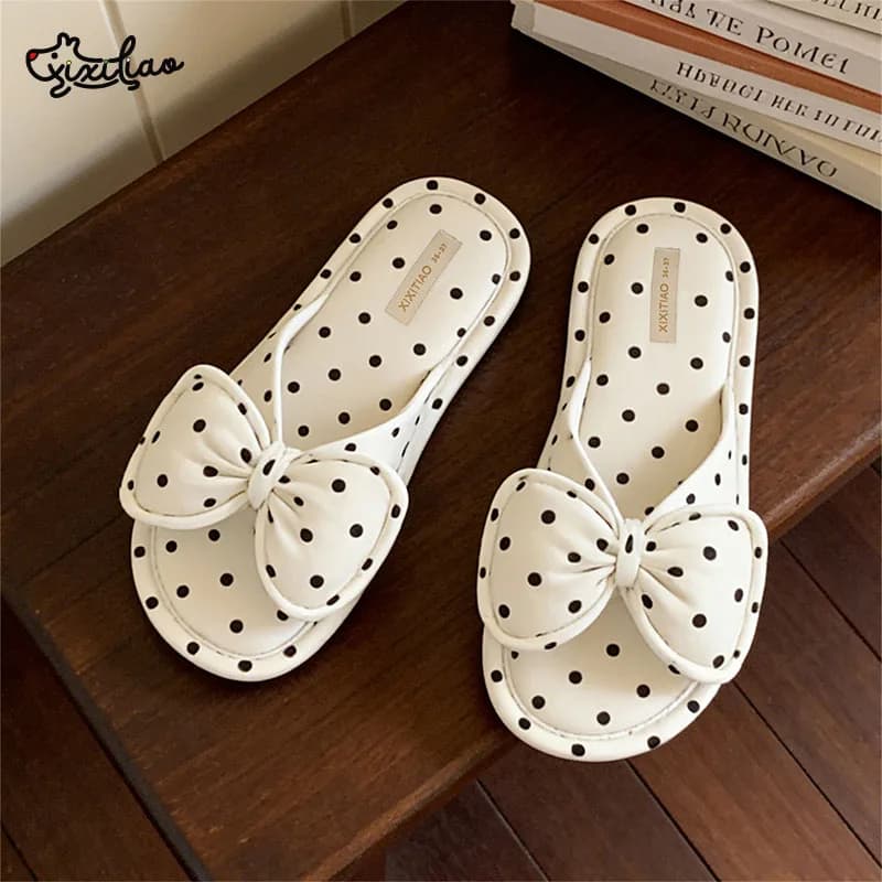 XIXITIAO Indoor Flat Slippers for Women Fashion Casual Cotton Bow Design Bedroom Footwear Ladies Comfortable Home Flip-flops